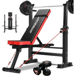 New in a sealed box OPPSDECOR 600LBS 6 in 1 Weight Bench Set, Adjustable Bench Press Set and Squat Rack, Foldable Workout Benches for Home Gym, Inclin