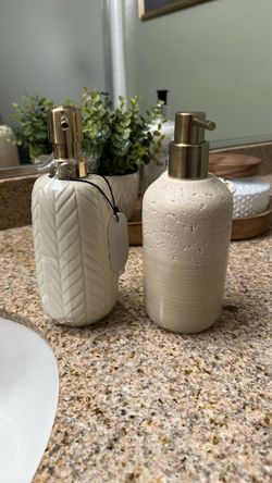 Ceramic Soap Dispensers with Gold Pumps – 2 available