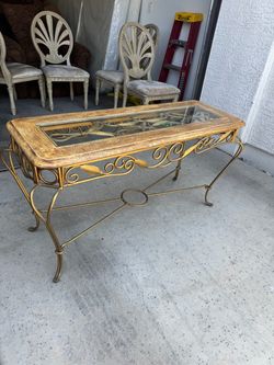 Gold Wrought Iron Glass Top Console Table