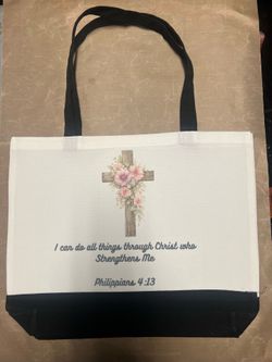 Floral cross scripture, tote bag black-and-white