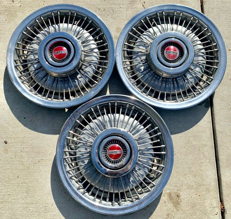 (3) Vintage PONTIAC 15" wire WHEEL HUBCAPS