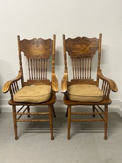 Pair Tall Ornate Oak Pressed-Back Armchairs – Made in Taiwan