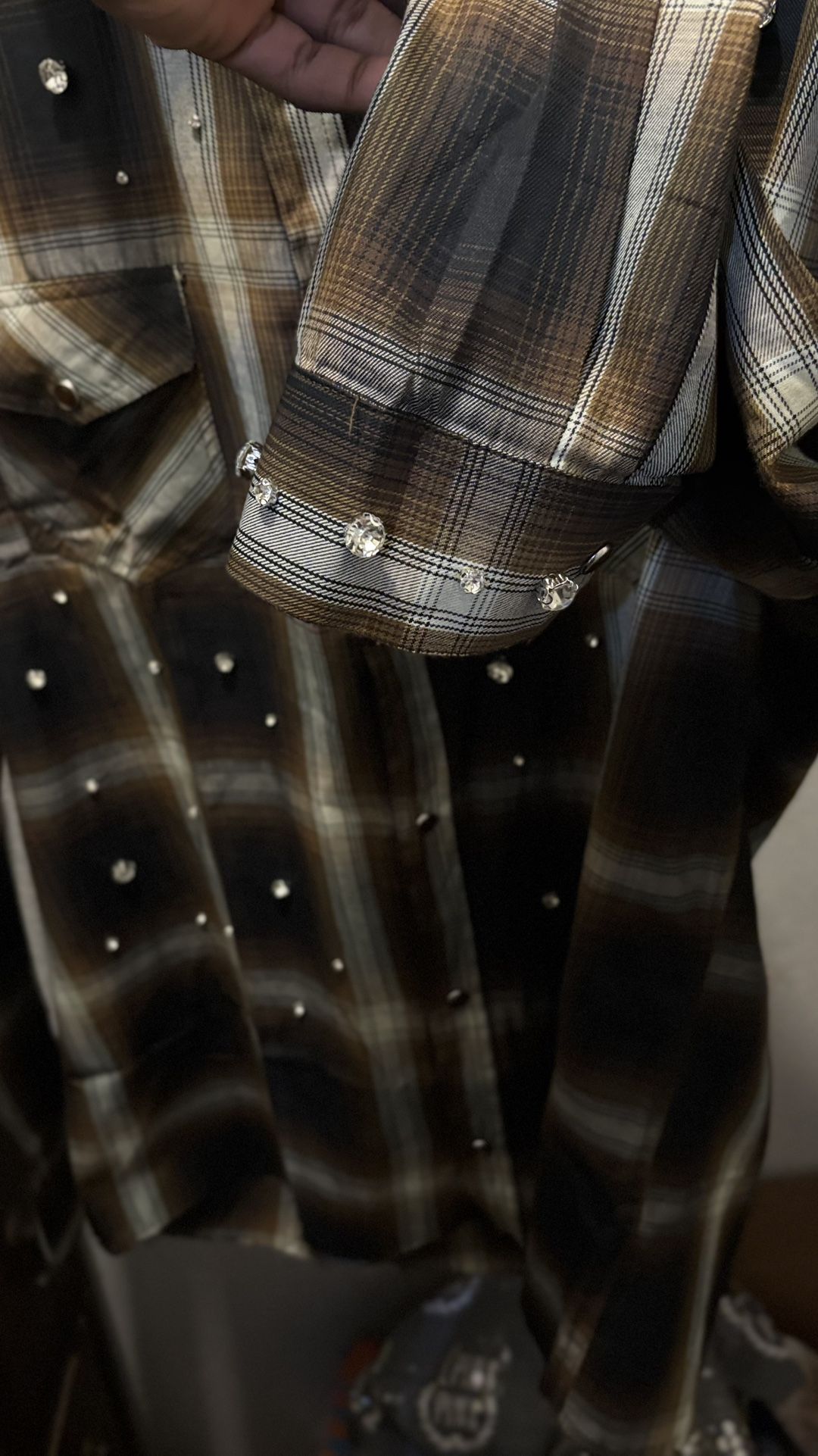 Brown and cream studded plaid shirt with rhinestones