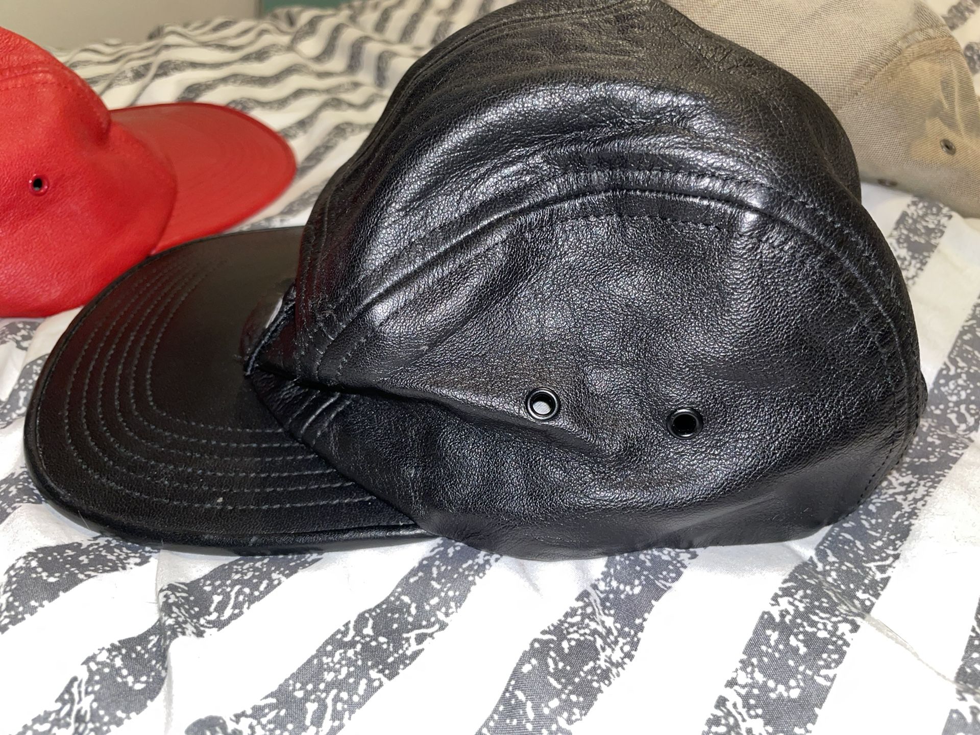 Classic Black Leather Supreme Camp Box Logo Cap for Sale in