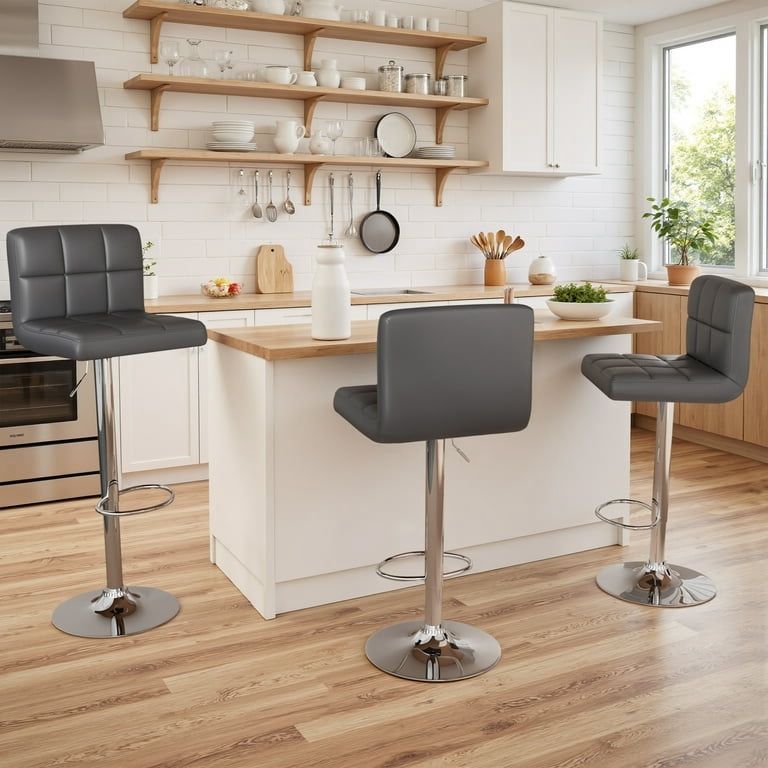 New Modern Set of 2 Low Back Metal Adjustable Bar Stool with PU Leather-Seat 360° Swivel  New in box T-HFBS025BN This bar stool has a height adjustmen