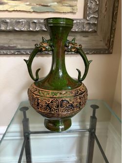 Vintage Japanese Bronze Vase Double Dragon Handles 10”