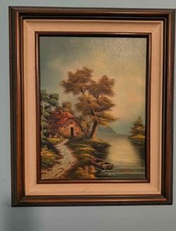 A signed Cal Cushman vintage landscape oil painting on canvas