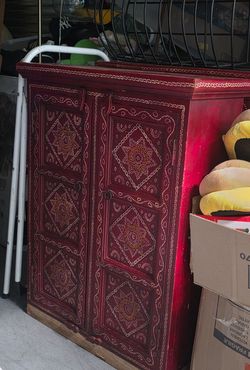 Antique Hand Painted Red Moroccan Linen Press Armoire Cabinet Wardrobe Chest