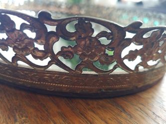 vintage ornate oval gold brass mirror vanity tray 