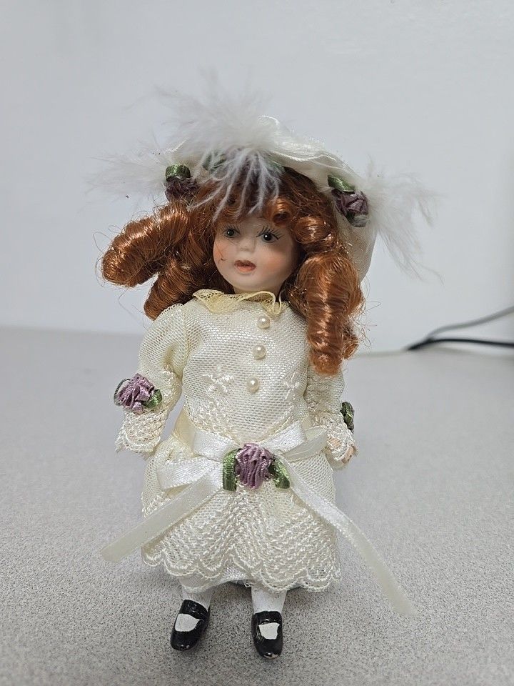 Vintage 1995 Concord Inc. Porcelain Doll – Victorian Style – 8" Tall – Red Curly Hair – Made in China