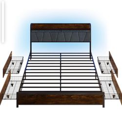 New Full Size Platform Bed Frame With LED Headboard And Drawers 