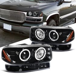 Fit 99-06 Sierra 00-06 Yukon XL Pearl Black Halo Projector Headlight Bumper Lamp