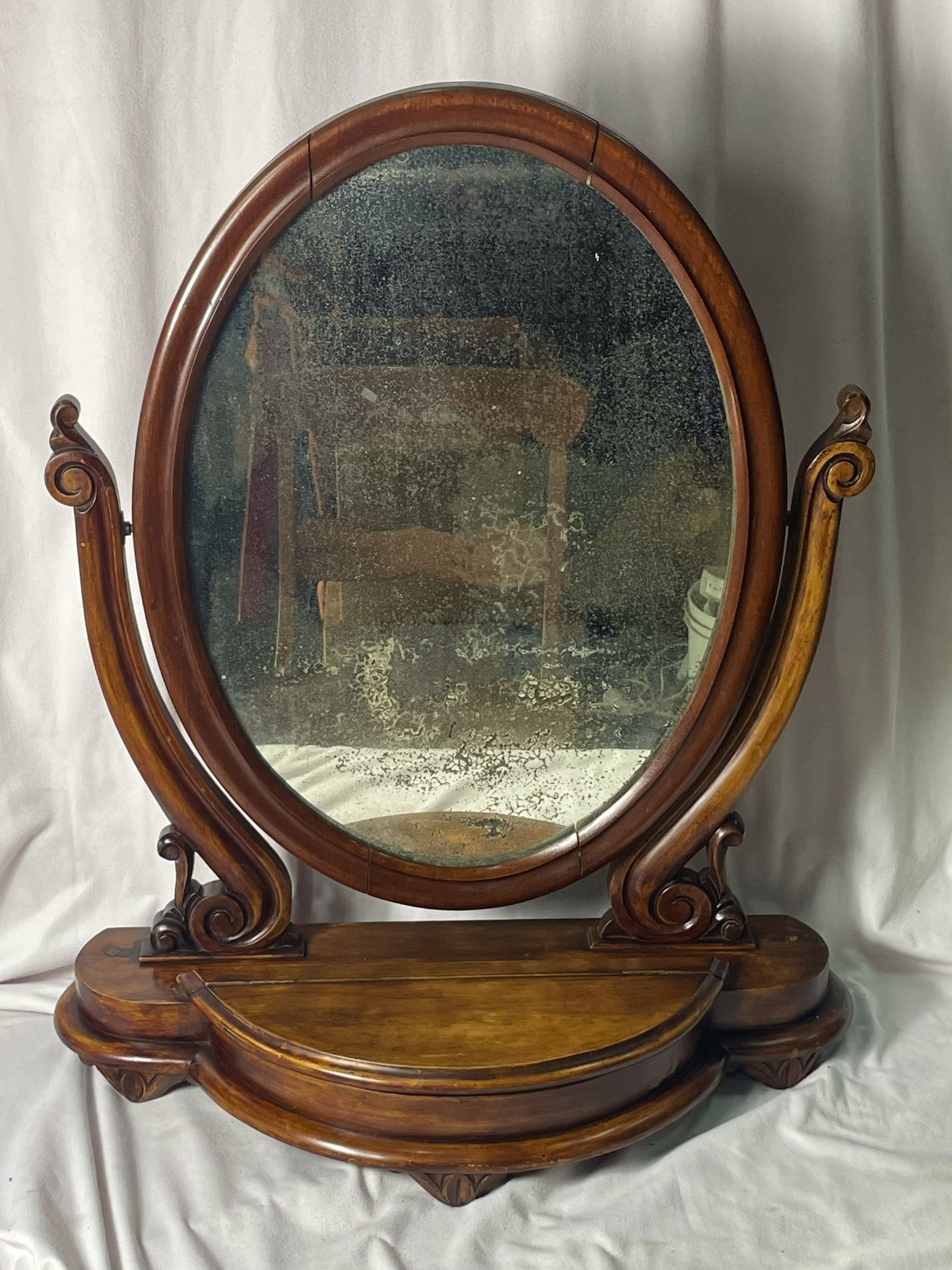Antique Victorian Wooden 29” High Swing Vanity Oval Mirror w/ Hinged Compartment