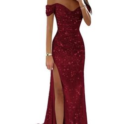 Women's Sequin Prom Dresses with Slit Off The Shoulder 