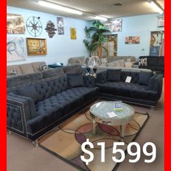 🤓 Black Velvet Sofa And Loveseat Set 