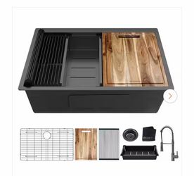 27 in. Undermount Single Bowl 18 Gauge Gunmetal Black Stainless Steel Workstation Kitchen Sink with Spring Neck Faucet