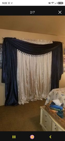 Elegant Navy and Cream Curtain Set with Valance. READ DETAILS