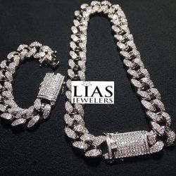 New 18k White Gold Cuban Link Chain and Bracelet 