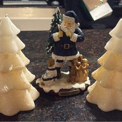 Santa Claus Figurine Set with Yankees Dog and Sparkling Christmas Tree Candles