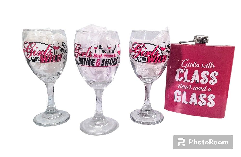 Girls Night Out Wine Glasses And Flask Lot