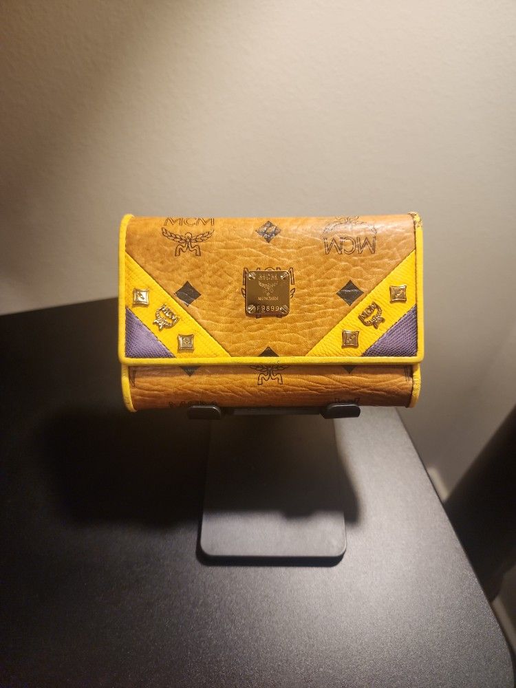 MCM Trifold Wallet, RARE Style Visetos Original Cognac Monogram With Purple And Yellow Design