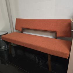Mid-Century Modern Orange Upholstered Bench – Walnut Frame