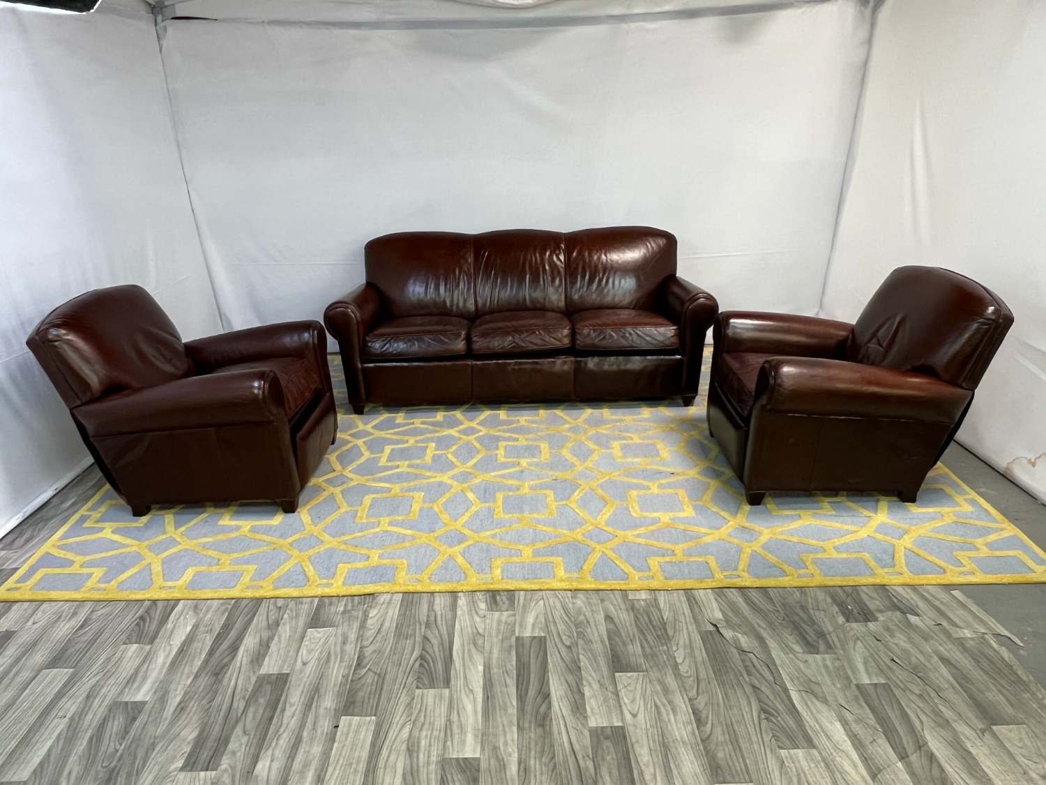 ( Delivery Available ) Crate & Barrel Dark Brown Leather Sofa and Recliner Set