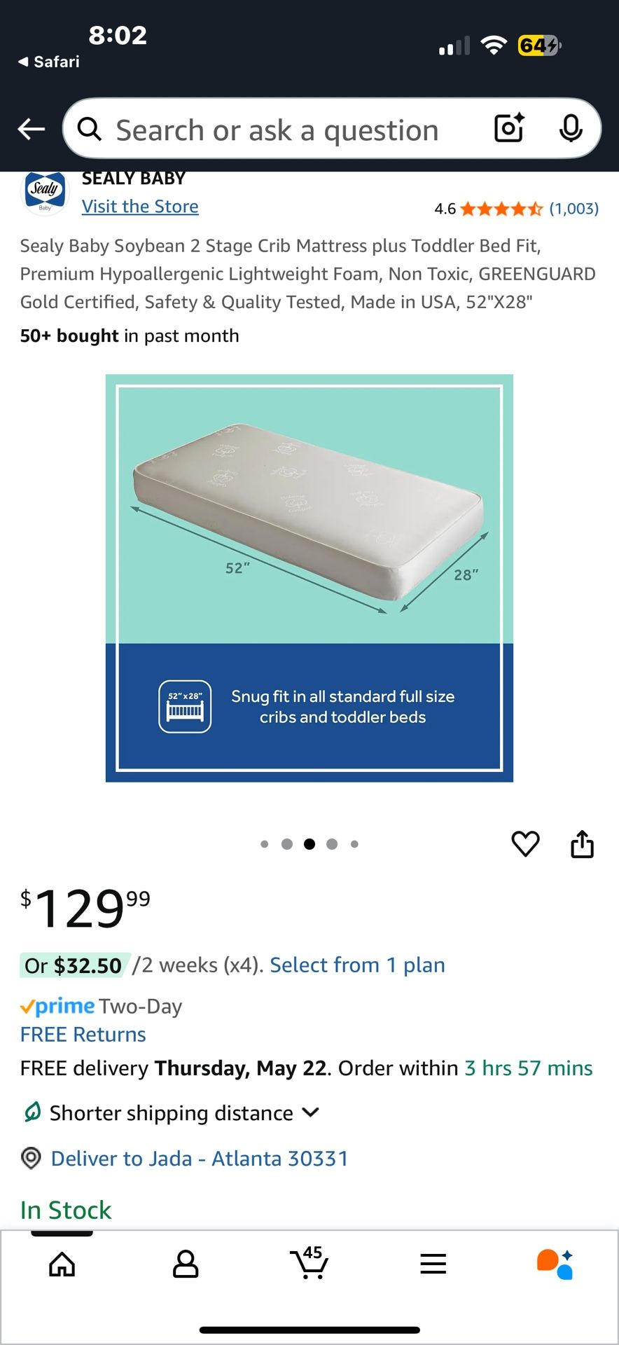 Sealy Soybean Dream Antibacterial Waterproof Crib Mattress