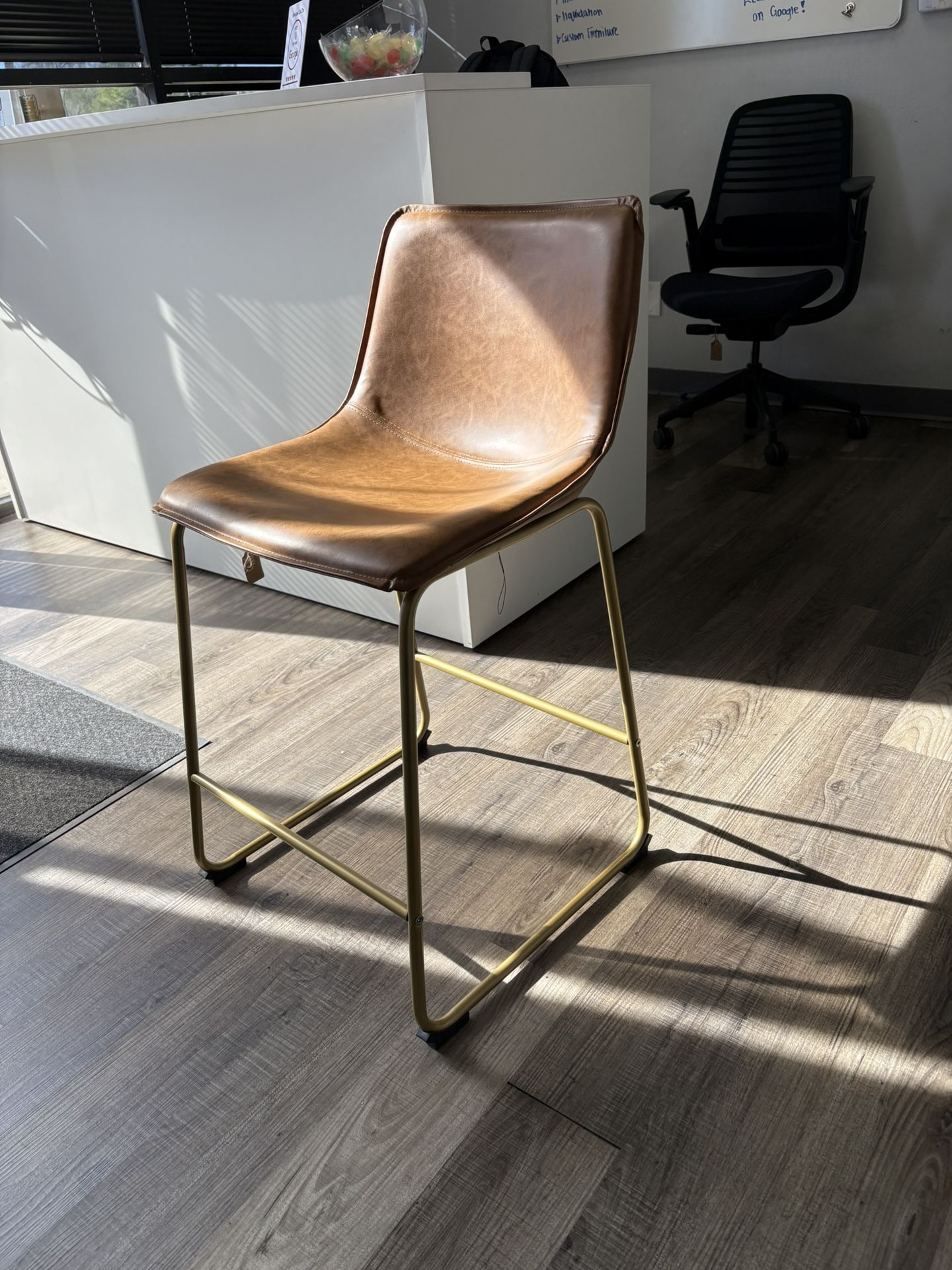 Office Accent Side Chair Mid Back Leather Seat Gold Base