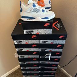 Brand new Air Jordan Military/Industrial 4’s sizes 11.5x1 12x6 12.5x1 13x4 14x4 with original box and proof of purchase. 