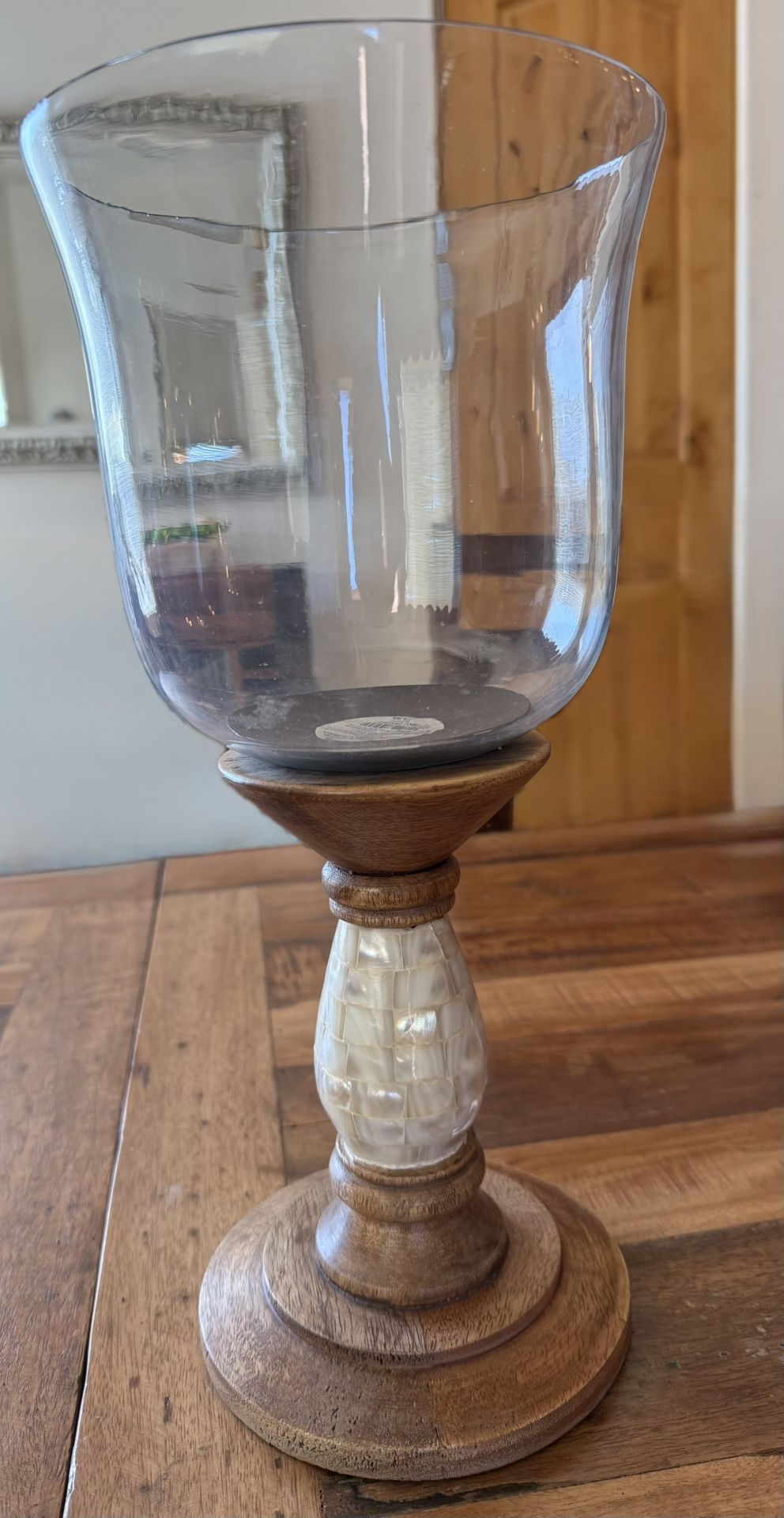 WOOD COLUMN with GLASS HURRICANE CANDLEHOLDER with Pearlized Decorations