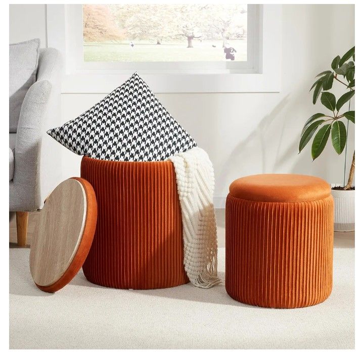 Round Ottoman with Storage Set of 2,Vanity Stool with Storage for Bedroom, Ottoman Coffee Table,Small Velvet Foot Stool for Living Room, Orange