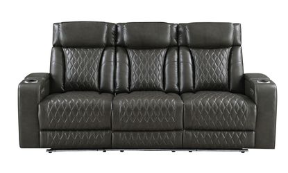 Taddeo Dark Gray Synthetic Leather Power Motion Sofa w/Power Headrest, USB, Wireless Charger, LED & Reading Light