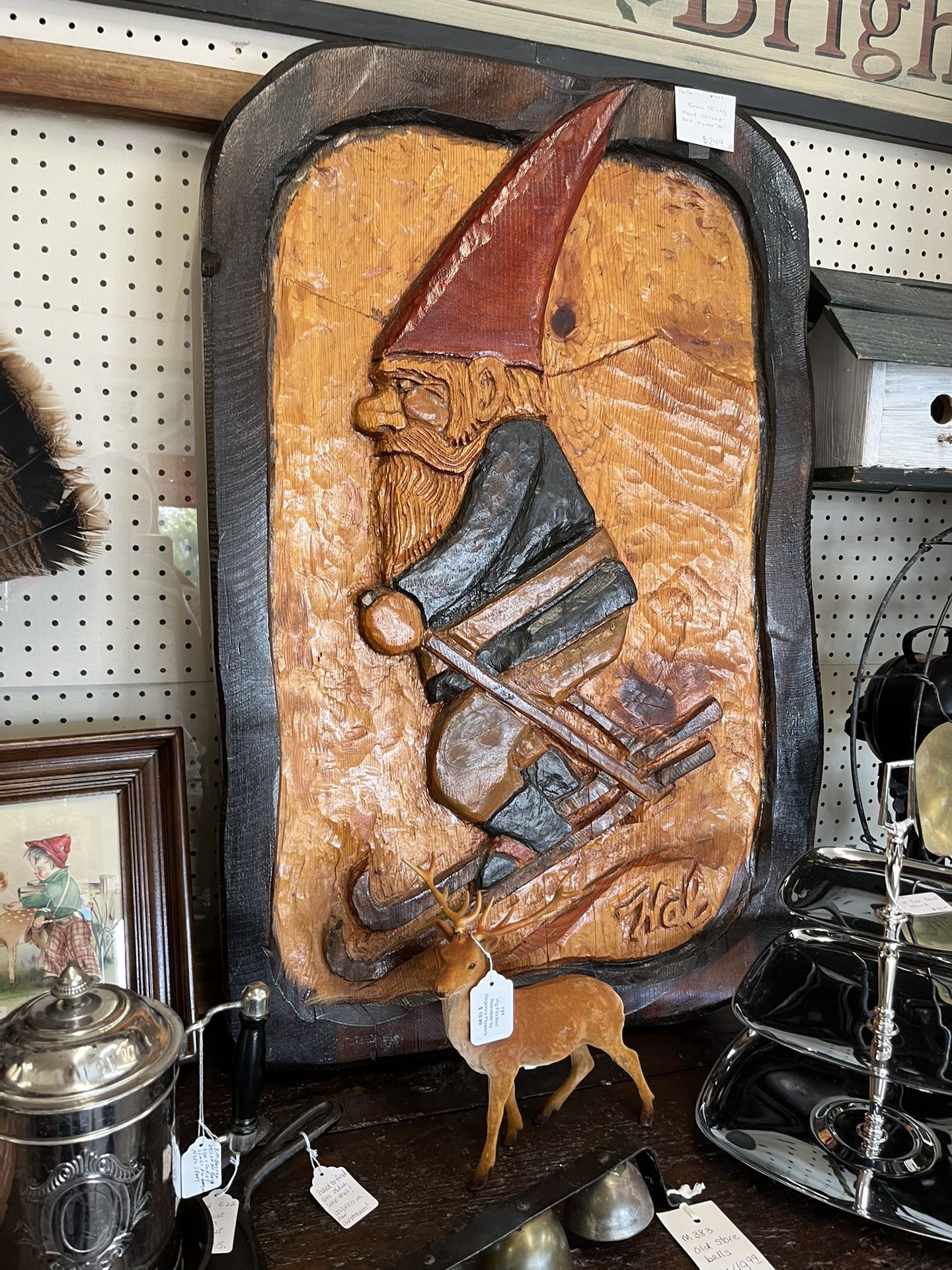 Skiing Gnome Hand Carved Art Signed Hal