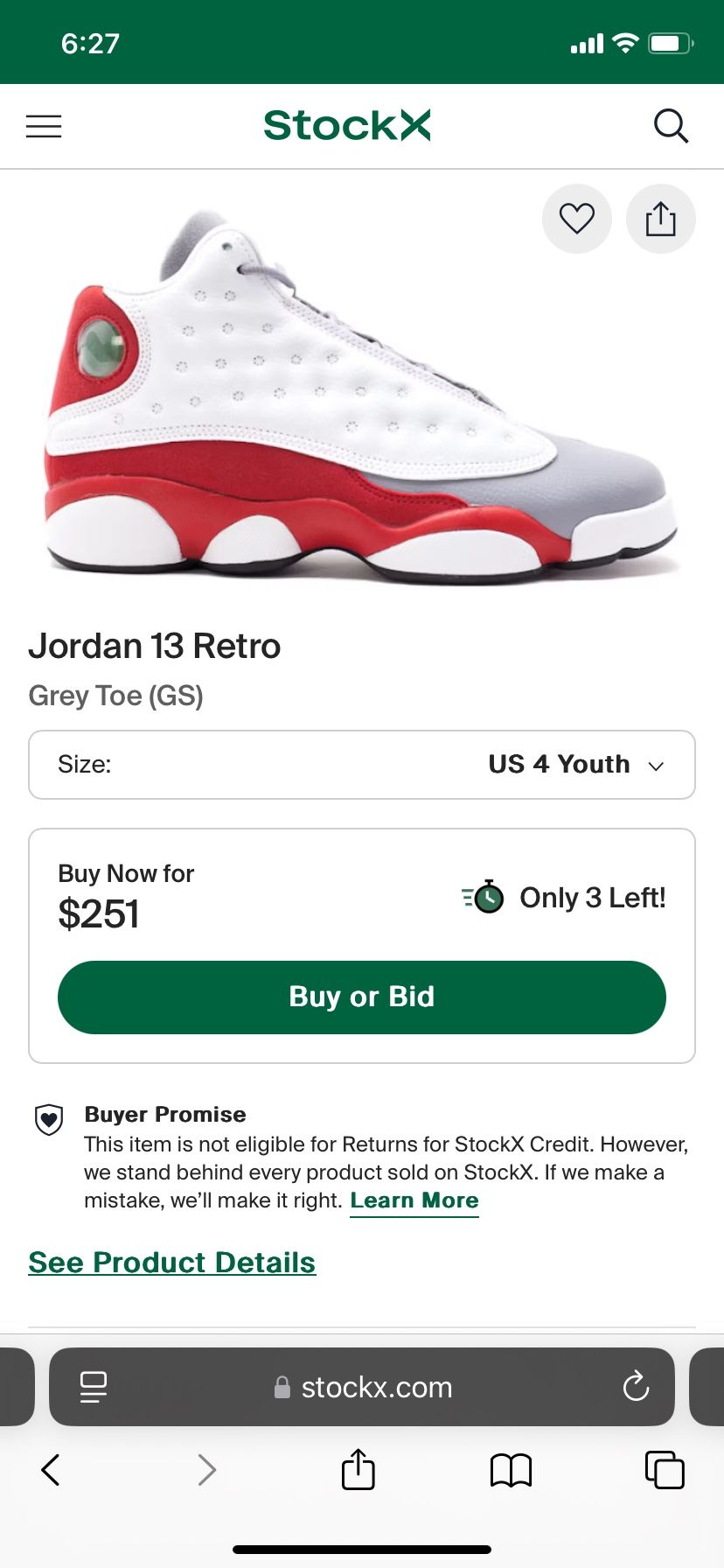 Jordan Retro 13 Grey Toe Size 4Y