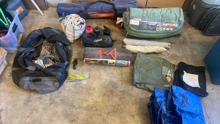 Camping gear, tents, gazebo, canopy, ropes, inflatable base, tarp