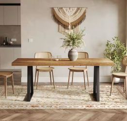 Brown  63 in. Rectangle Pedestal Dining Table Seats-6, Farmhouse Kitchen Table