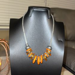 BRAND NEW - Costume Jewelry - Orange/Silver Necklace - Medium Length