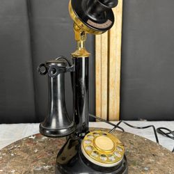 Vintage Candlestick Rotary Telephone Reproduction Desk Phone Black Brass 13in 