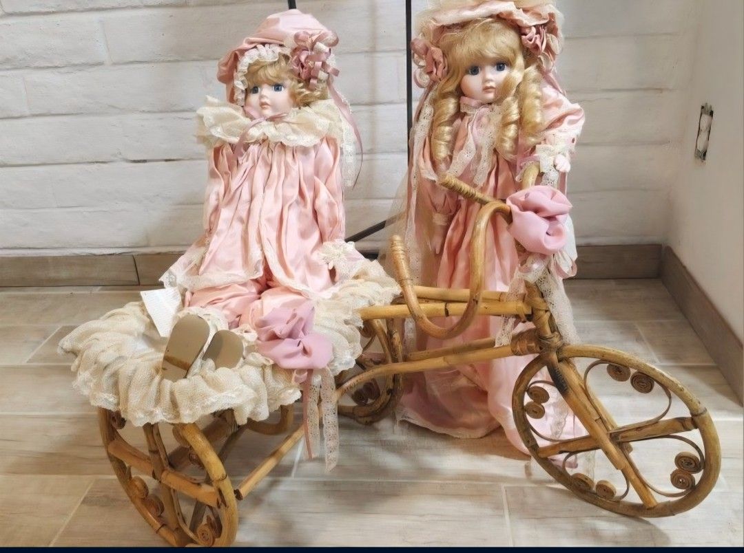 *RARE* Victorian Rose Collection Signature Series Boy & Girl Porcelain Dolls W/ Rattan Tricycle