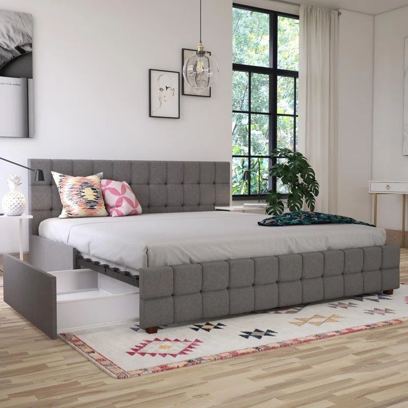 Tufted Upholstered King Bed Frame W-Drawers