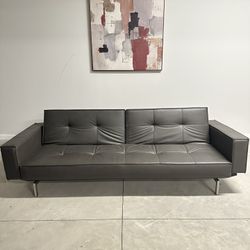 Designer Contemporary Grey Leather Sofa - Fold Out To Bed