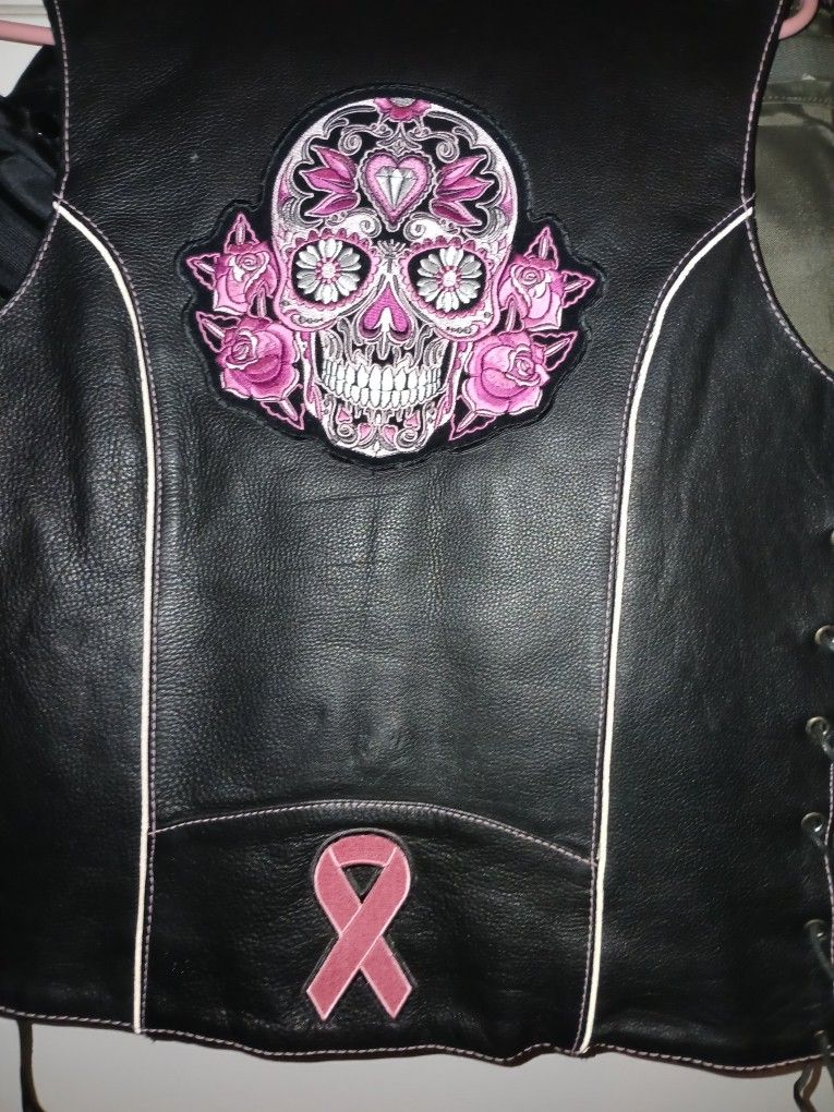 Black Leather Vest With Pink Skull
