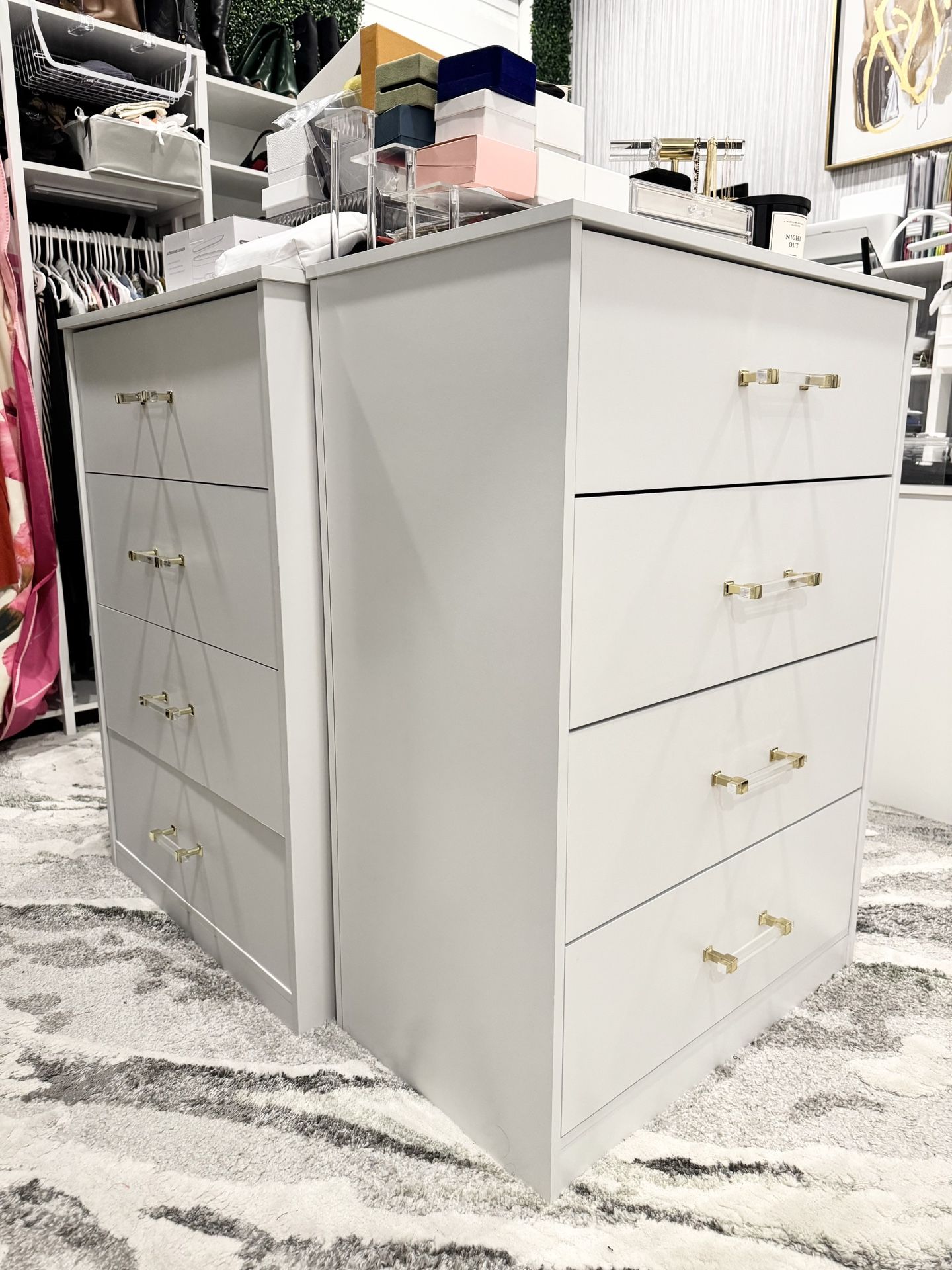 Set of 3 Custom 4-Drawer Closet Wardrobe Organizer Dressers w/ Gold Acrylic Handles