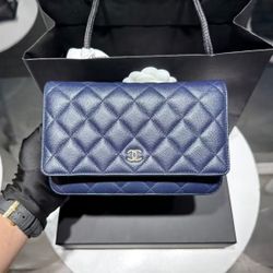 Chanel woc blue blue gold lychee line pattern cowhide