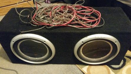 Dual 10 inch subwoofers w/ 500 watt amp in custom box + wiring