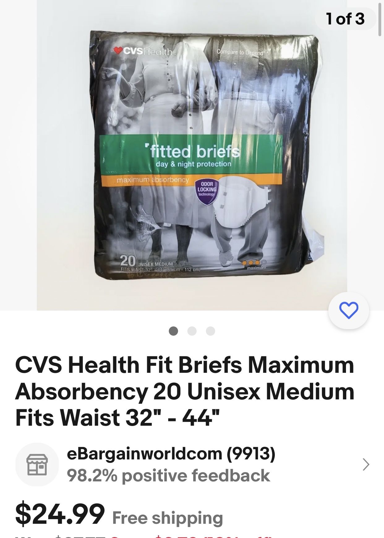 CVS health fitted size 32 to 44 briefs, medium $10