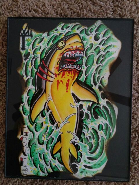 Shark art, tattoo style water color, framed 11x9