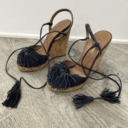 Aquazurra Firenze Royal Blue Suede Wedges Size 5.5