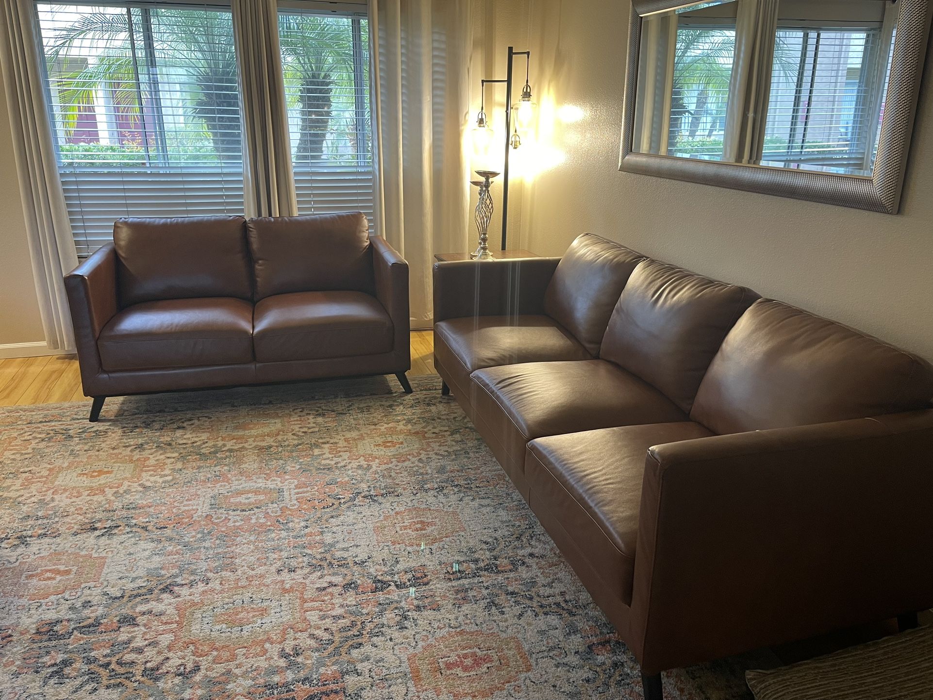 Abbyson Prado Mid-Century Top Grain Leather Sofa And Loveseat, Camel